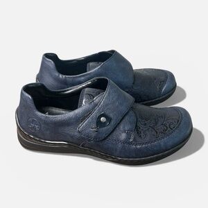 Rieker Antistress Blue Leather Mary Jane Shoes Floral Embossed EU 41 / US 10